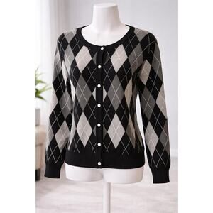Grace Karin Black Gray Argyle Knit Cardigan Pearl Buttons Women Medium